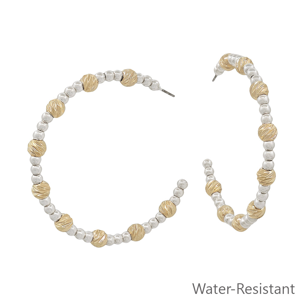 Water Resistant Silver Beaded with Gold Textured Accent 2" Hoop Earring