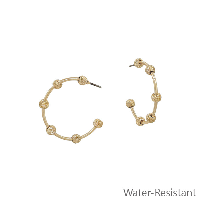 Water Resistant Gold Bar with Textured Gold Ball 1" Hoop Earring