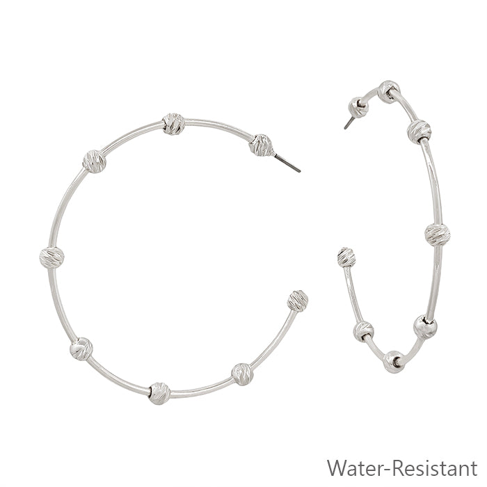 Water Resistant Silver Bar with Silver Textured Ball 2" Hoop Earring