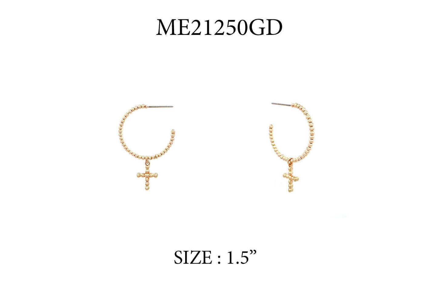 Gold Small Beaded 1.5" Hoop with Small Cross Charm Earring