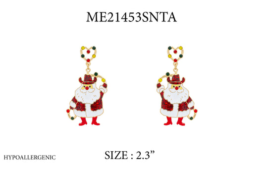 Color Coated Metal Christmas Cowboy Santa 2.3" Earring