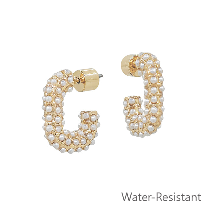 Gold .5" Huggie Oval Hoop with Dotted Pearl Earrings