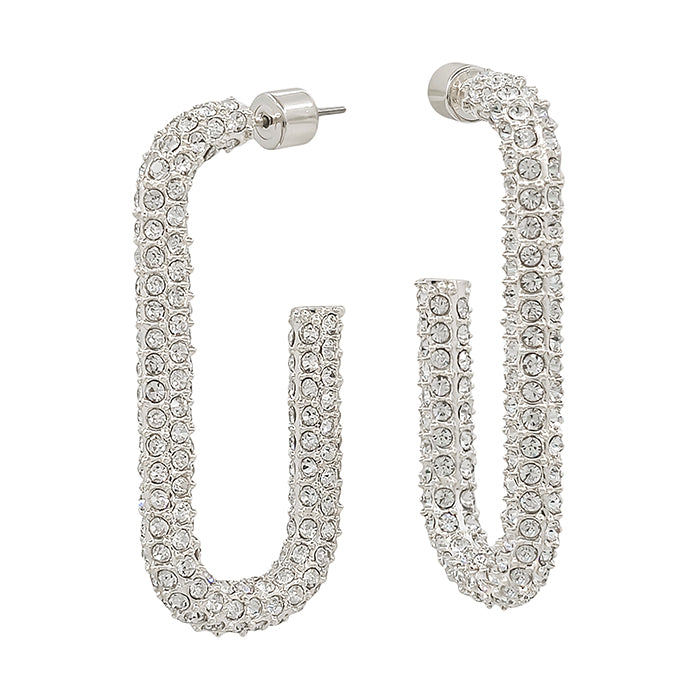 Water Resistant Silver Rhinestone Oval Hoop 1.5" Earring