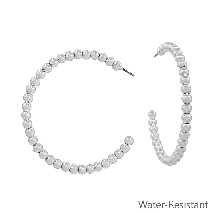 Water Resistant 2" 4MM Silver Beaded Hoop Earring