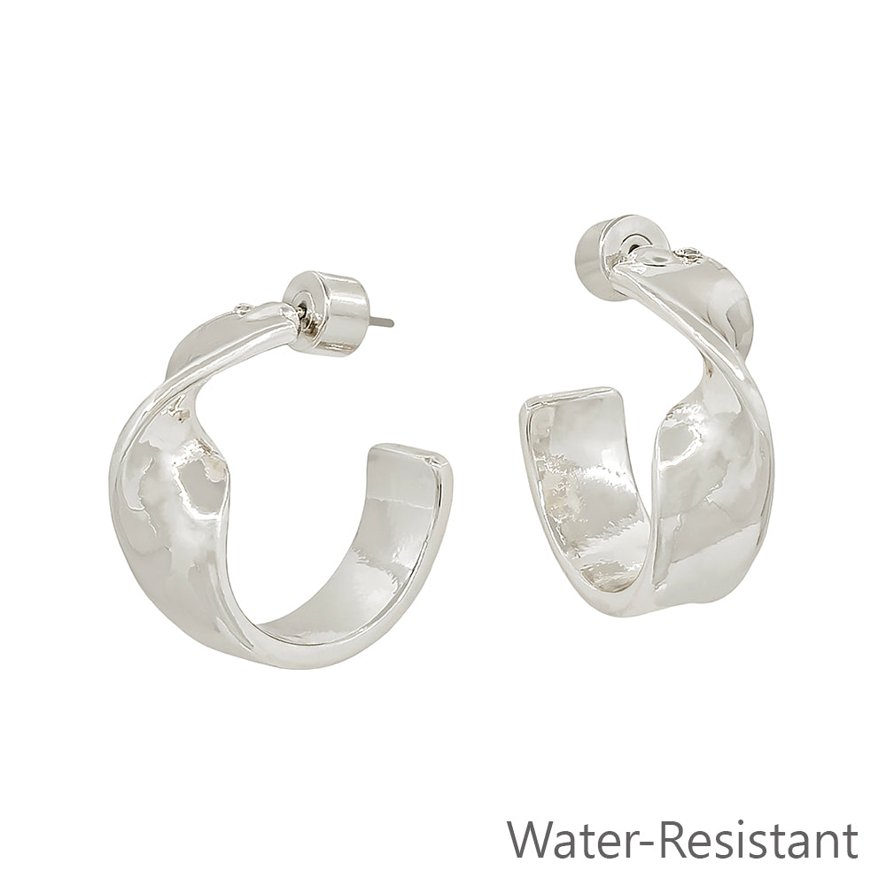 Water Resistant Silver Metal Twisted 1" Hoop Earring