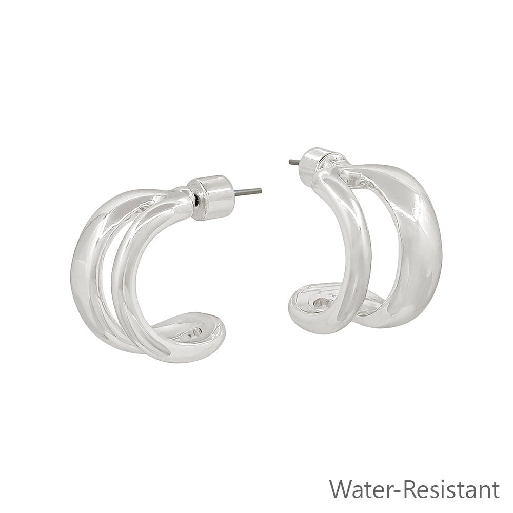 Water Resistant Silver Open Double Layered .75" Huggie Hoop Earring