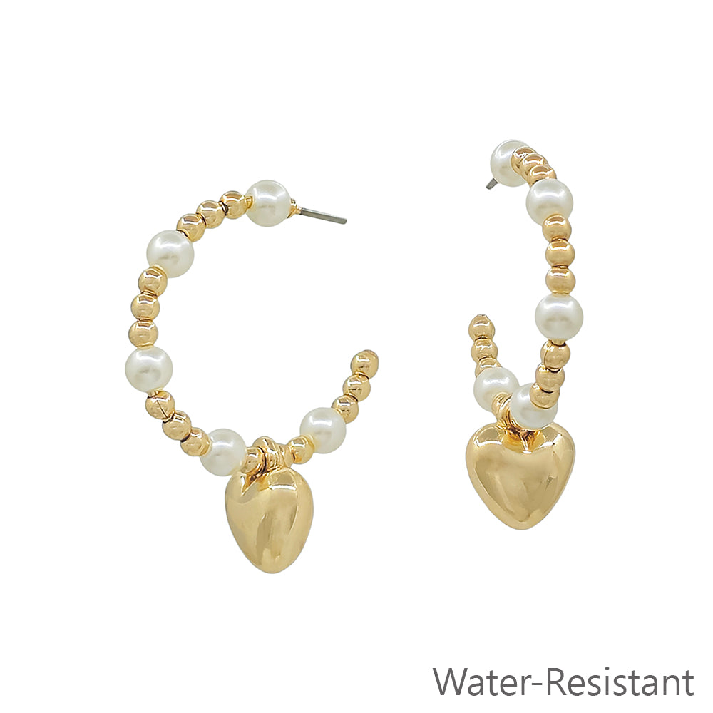 Water Resistant Pearl with Heart 1" Hoop Earring