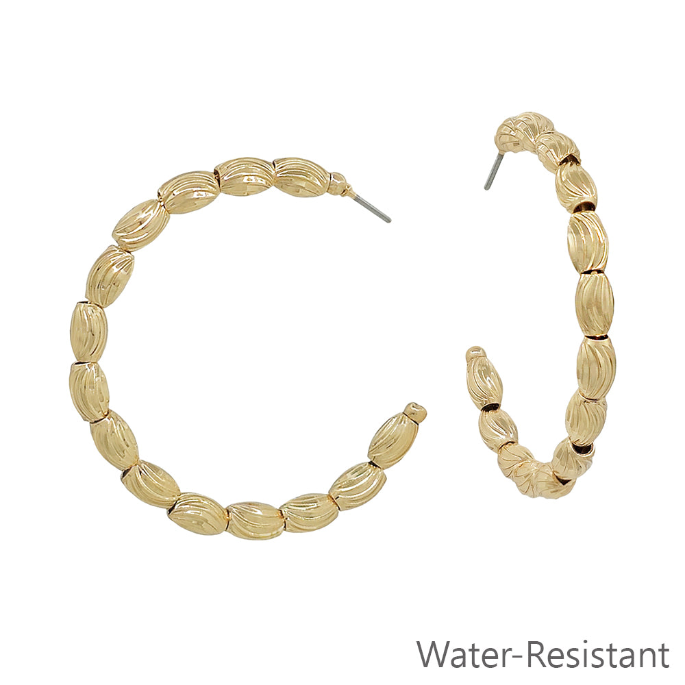 Water Resistant Gold Textured Oval Beaded 1.5" Hoop Earring