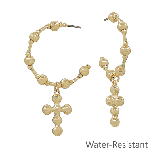 Gold Beaded Hoop with Cross Drop 1.25" Earring