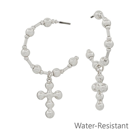 Silver Beaded Hoop with Cross Drop 1.25" Earring