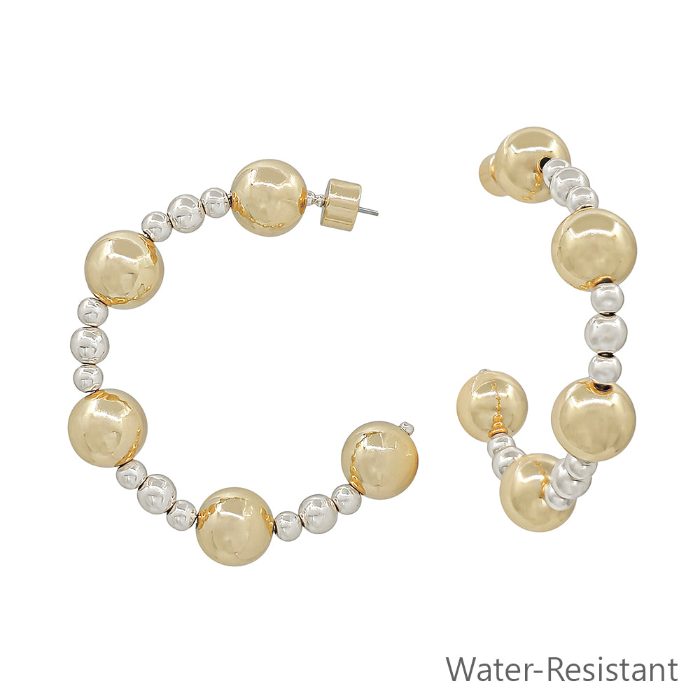 Water resistant Silver Beaded with Gold 10MM 2" Hoop Earring