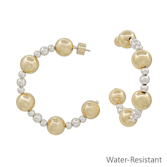 Water resistant Silver Beaded with Gold 10MM 2" Hoop Earring