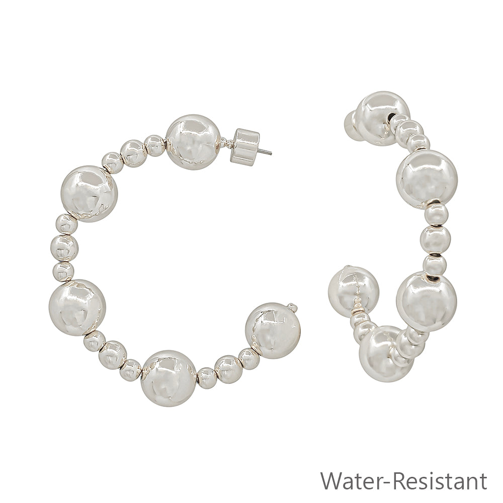 Water Resistant 10MM Beaded 2" Silver Hoop Earring