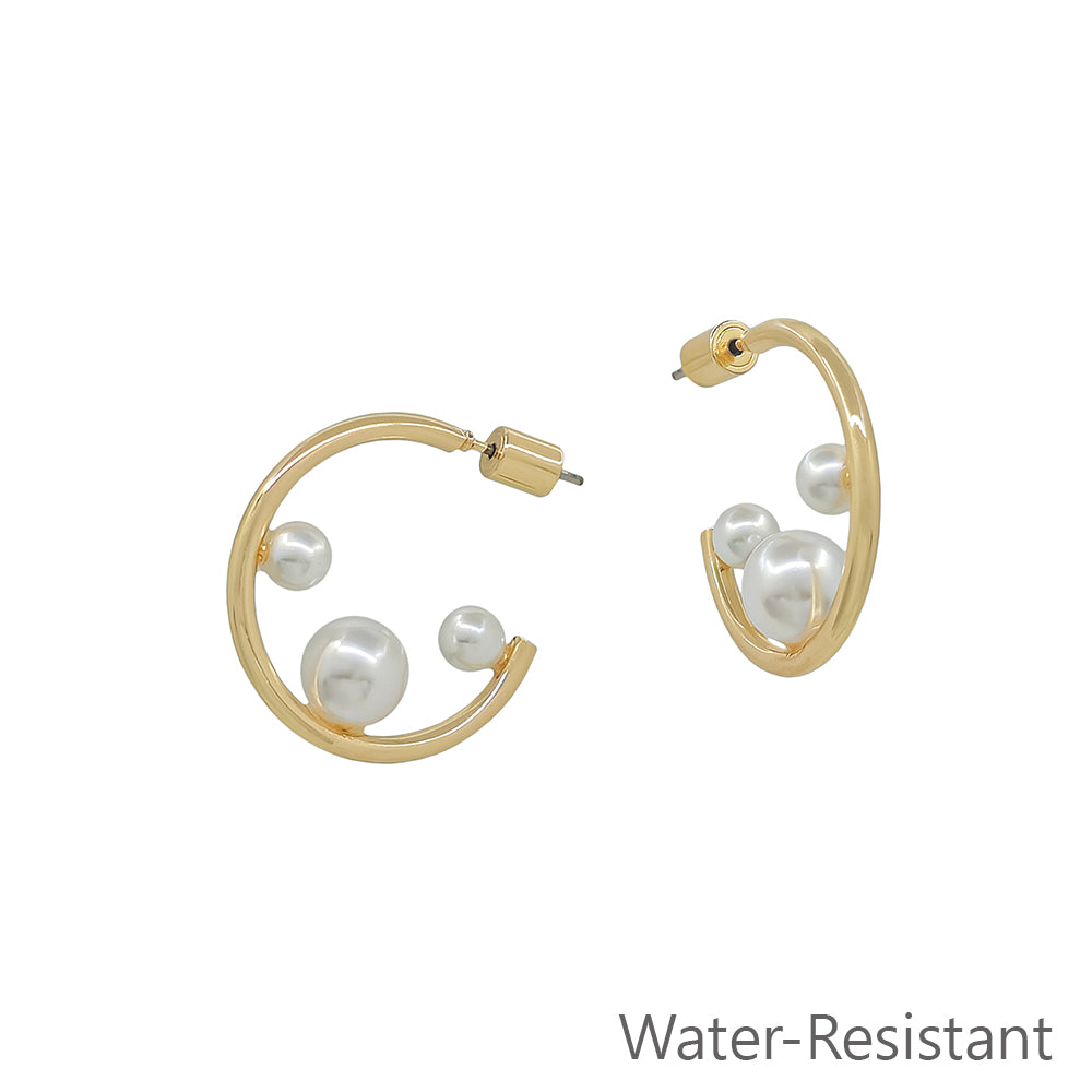 Water Resistant 1" Gold Metal Hoop with 3 Pearls