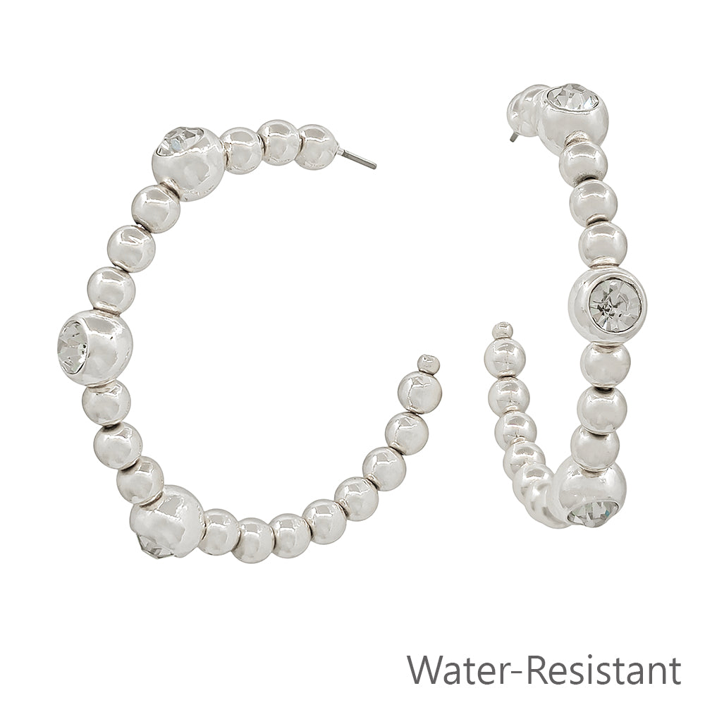 Water Resistant Silver Beaded Hoop with Crystal Accents 2" Earring