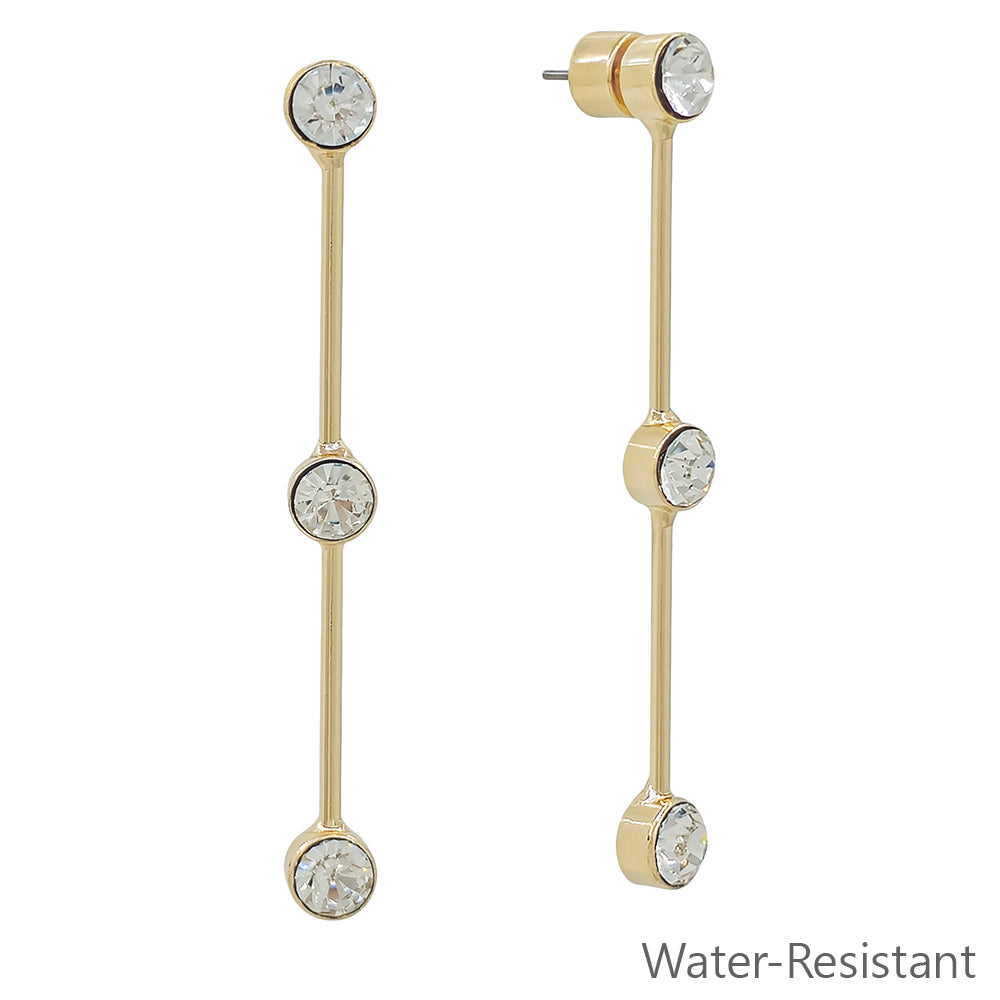Water Resistant Gold Rhinestone with Gold Bar Drop 2.75" Earring
