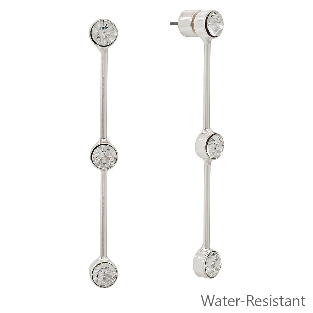 Water Resistant Silver Rhinestone with Silver Bar Drop 2.75" Earring