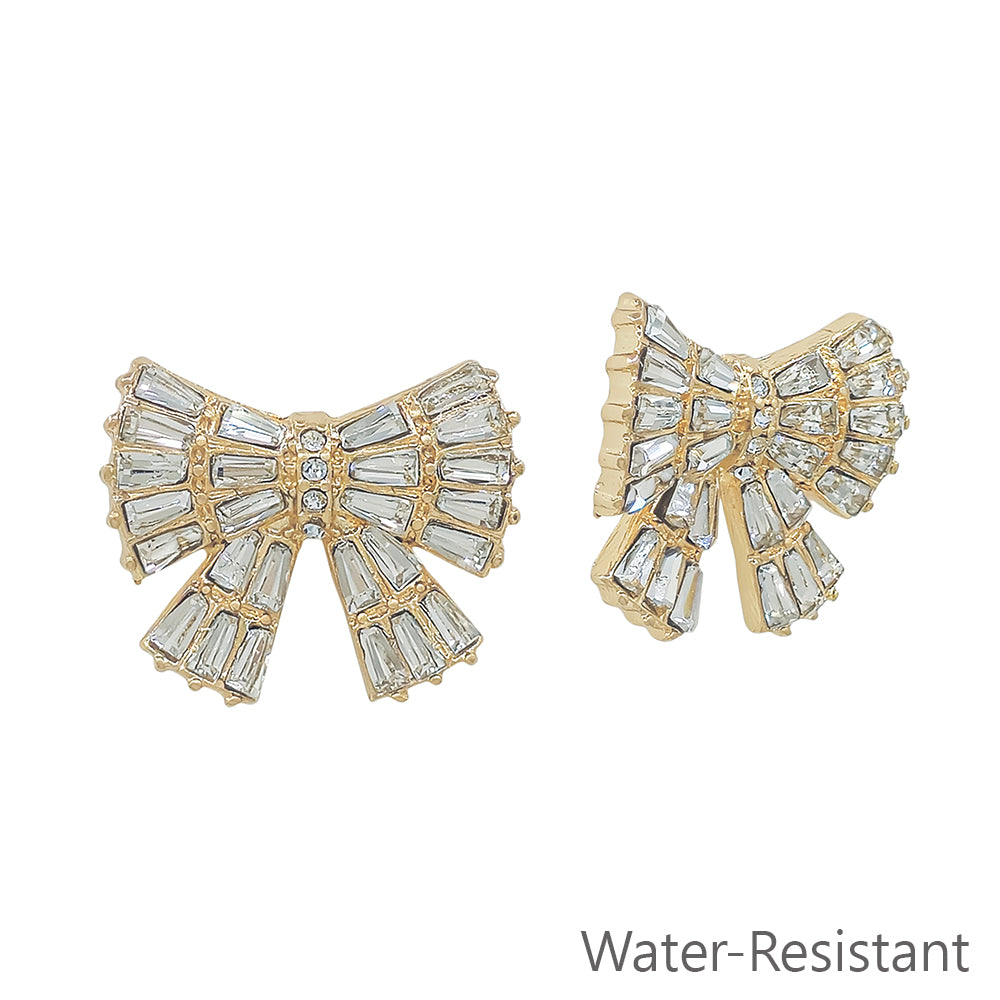 Water Resistant Rectangle Crystals on Gold Bow .75" Stud Earring
