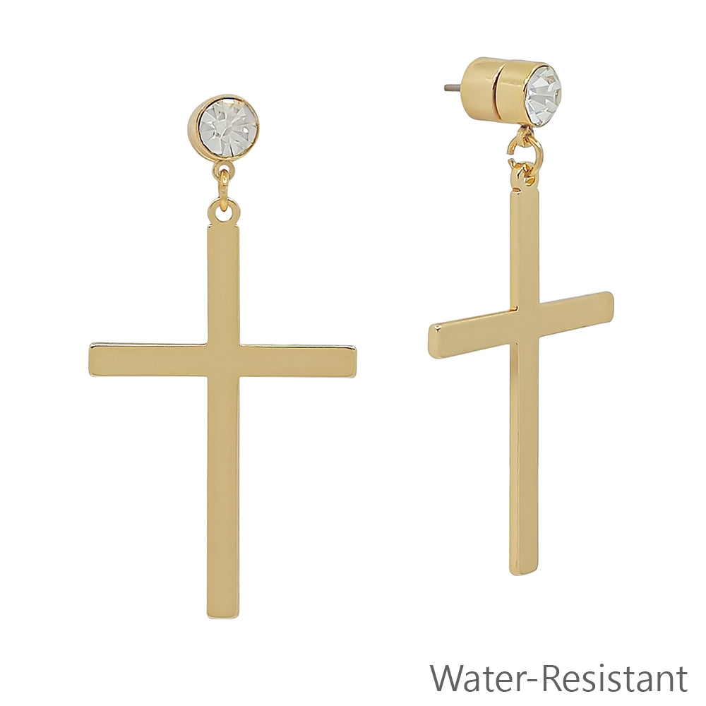 Water Resistant 2" Gold CZ Stud and Cross Drop Earring