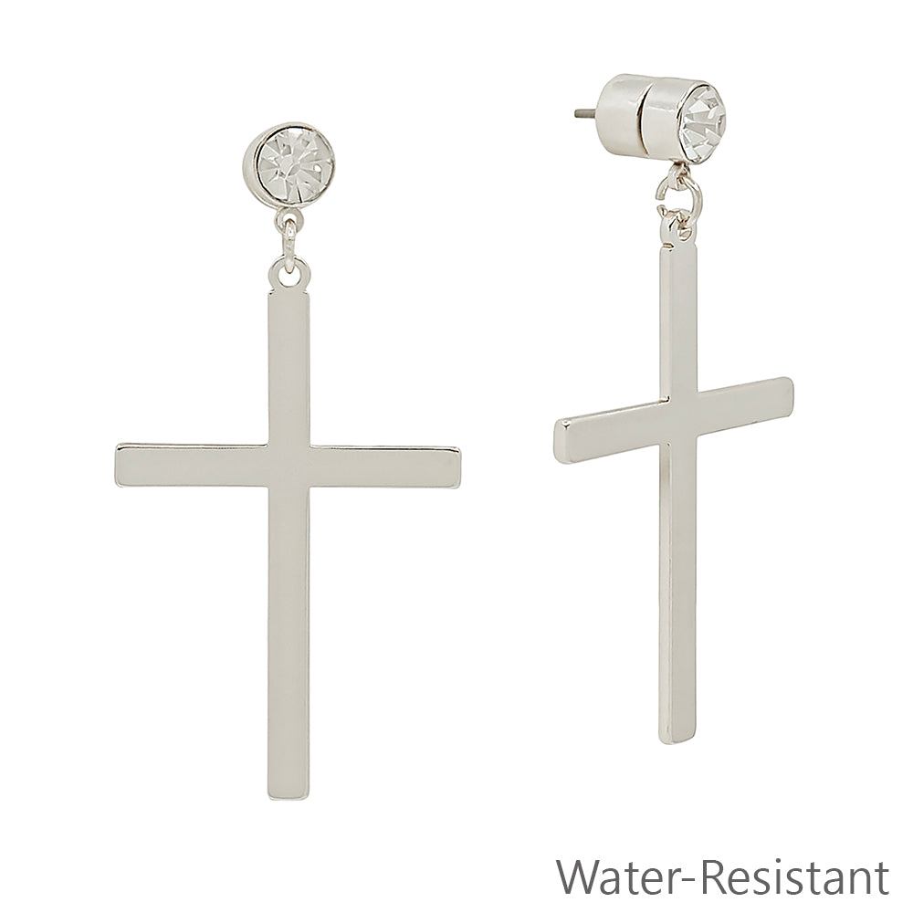 Water Resistant 2" Silver CZ Stud and Cross Drop Earring