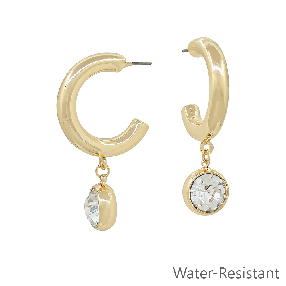 Water Resistant 1.5" Hoop Earring with Circle Crystal Drop