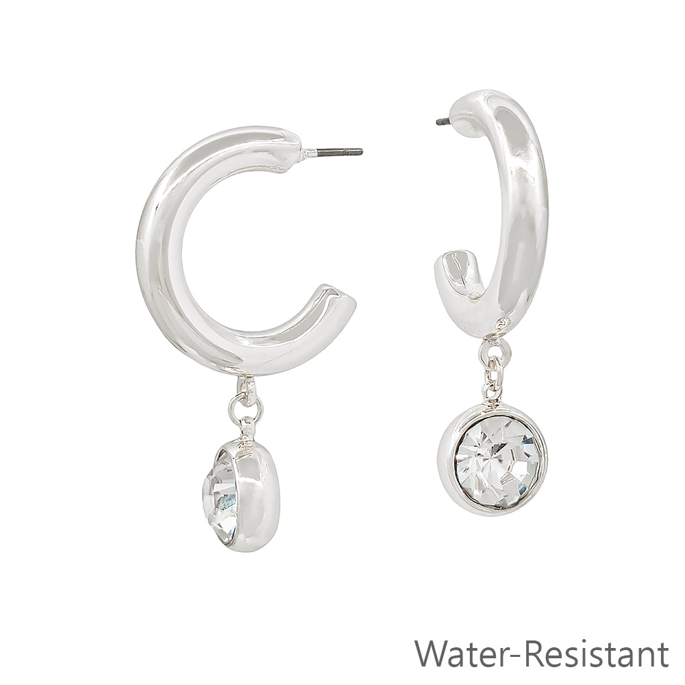 Water Resistant 1.5" Silver Hoop Earring with Circle Crystal Drop