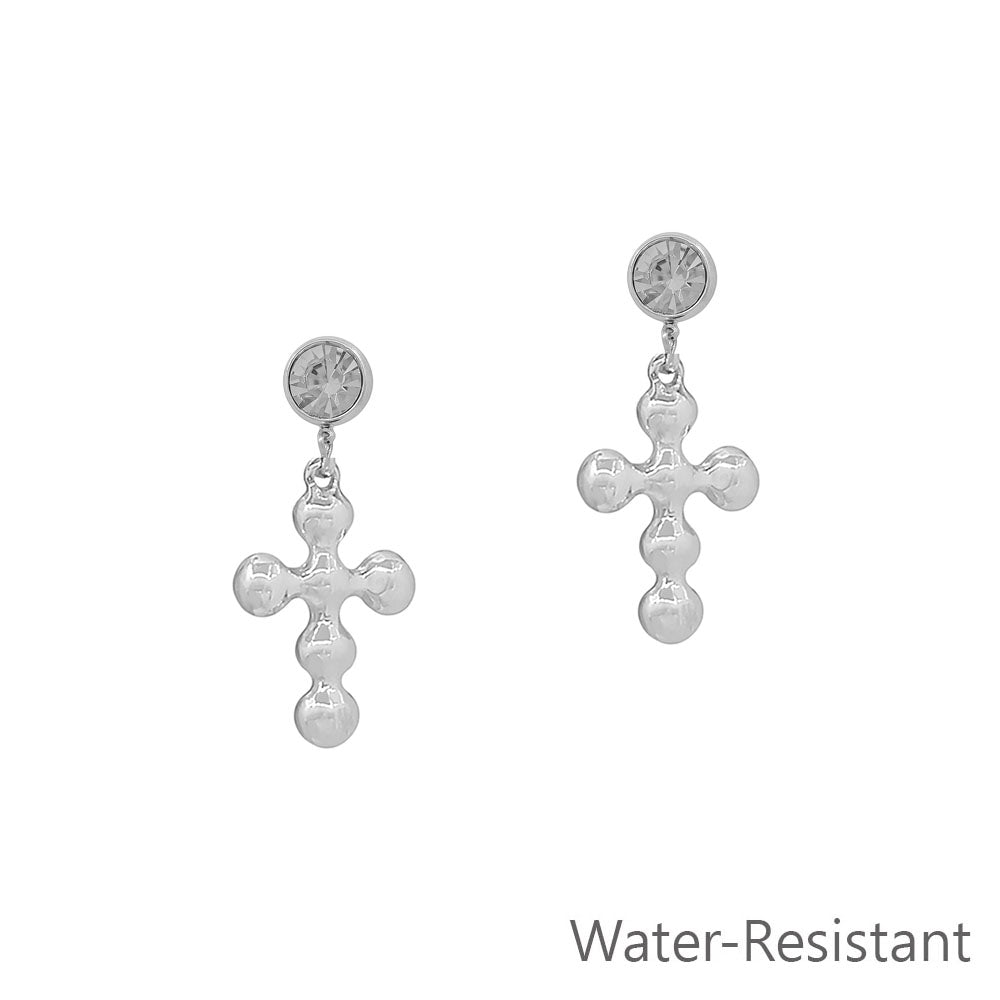 Water Resistant Beaded .5" Silver Cross with Crystal Stud Earring