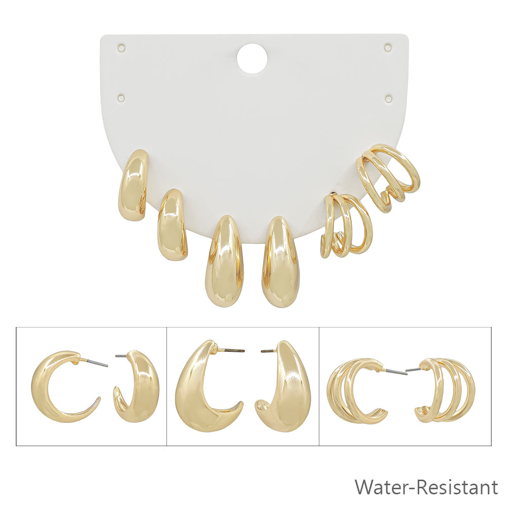 Water resistant Set of Three Gold .5" Hoop Earrings