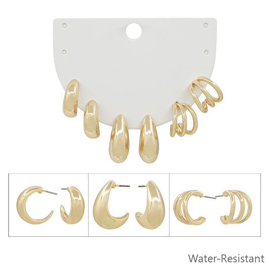 Water resistant Set of Three Gold .5" Hoop Earrings