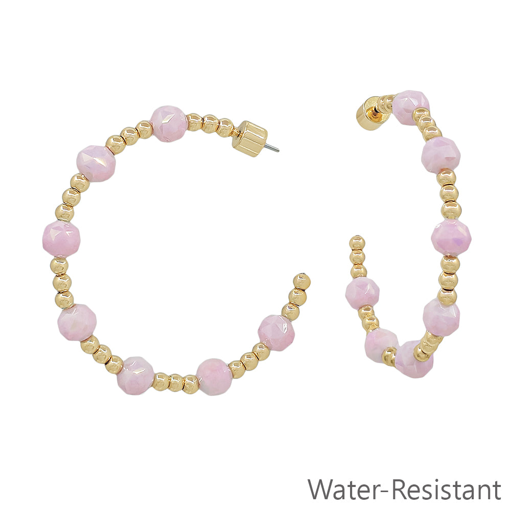 Water Resistant Gold Beaded with Pink Crystal 2" Hoop Earring