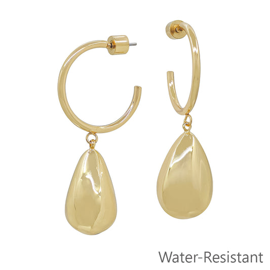 Water Resistant Gold 1" Hoop with Gold Teardrop Drop Earring