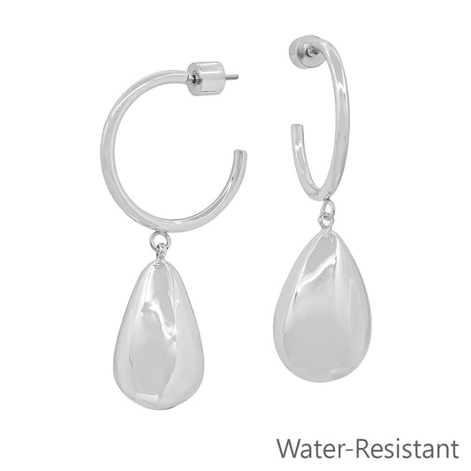 Water Resistant Silver 1" Hoop with Silver Teardrop Drop Earring Silver