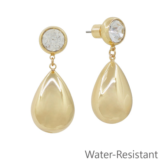 Water Resistant Clear Rhinestone Stud with Gold Teardrop Drop 1.25" Earring