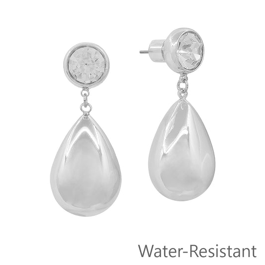 Water Resistant Clear Rhinestone Stud with Silver Teardrop Drop 1.25" Earring
