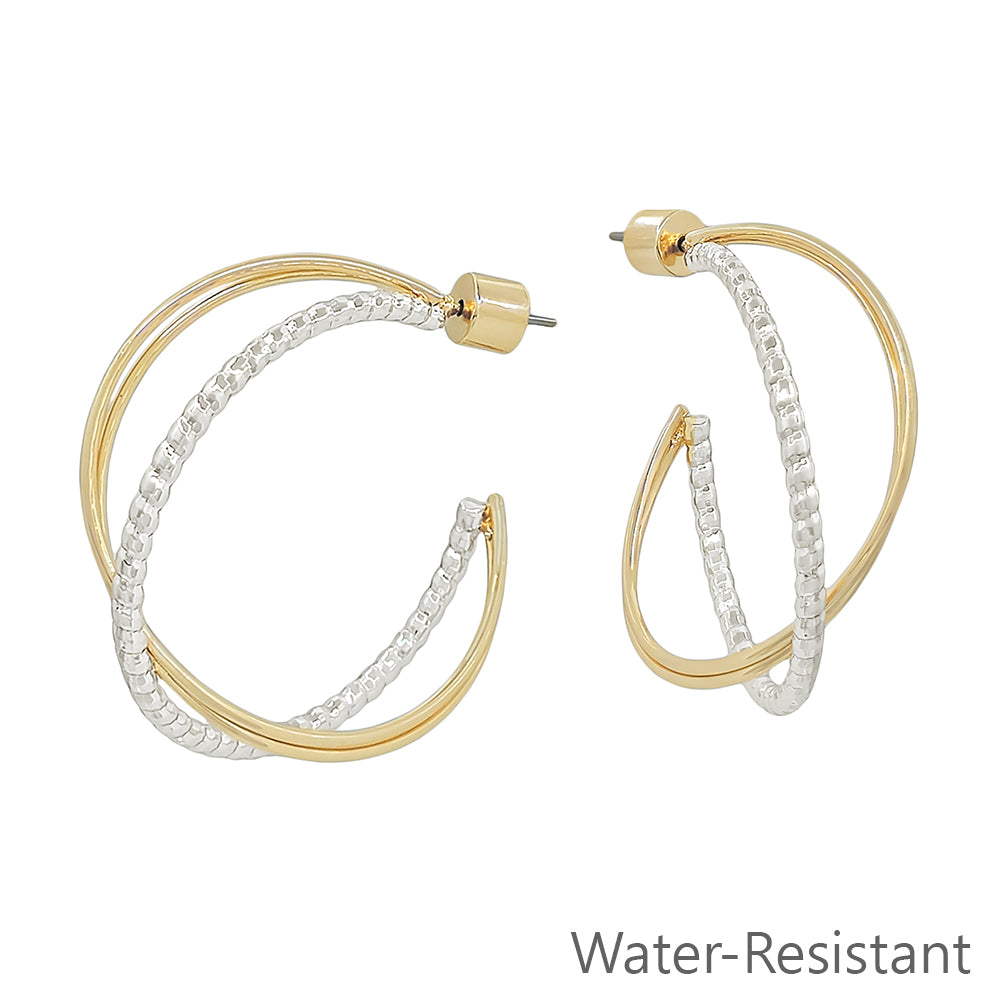 Water resistant Gold and Silver Textured Twisted X 1.25" Hoop Earring