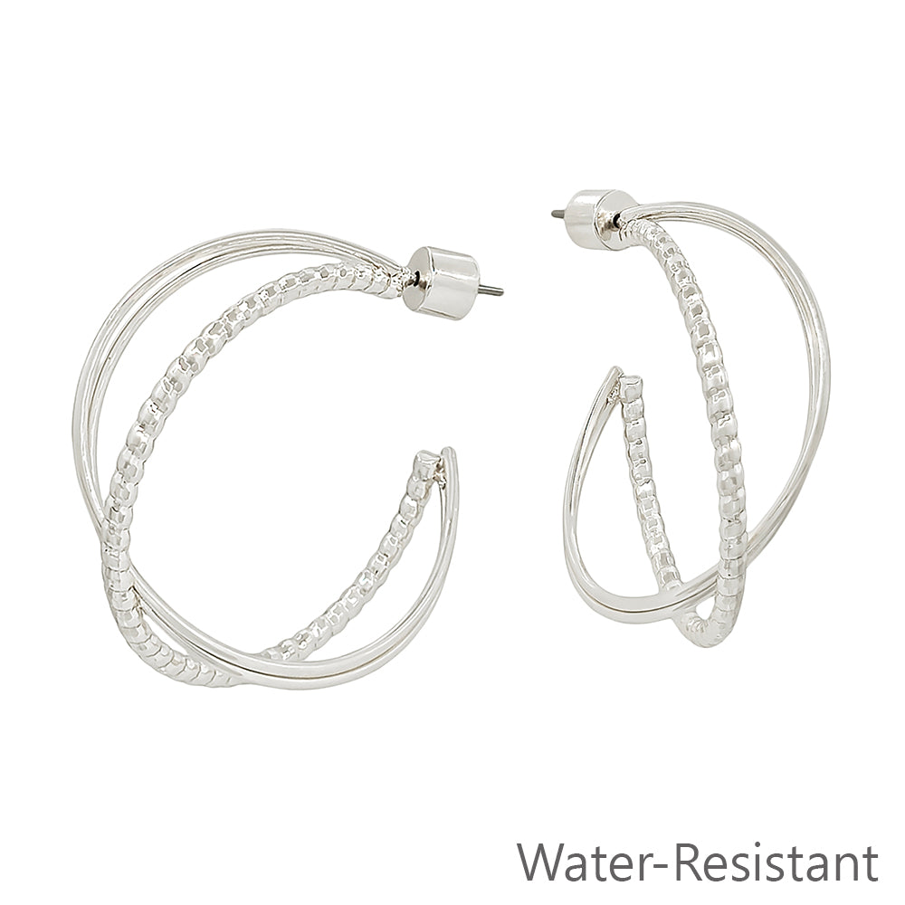 Water resistant Silver Textured Twisted X 1.25" Hoop Earring