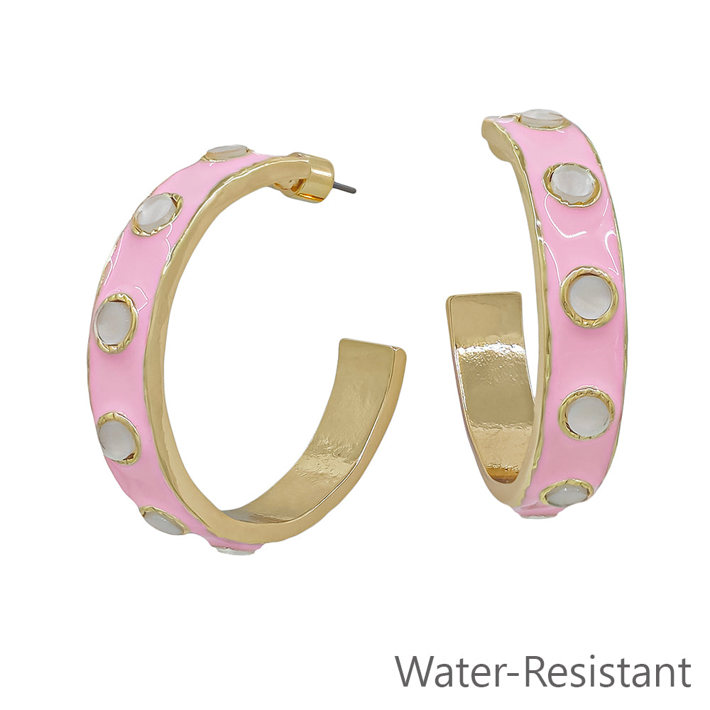 Water resistant Pink Color Coated with Cream Accents 2" Hoop Earring