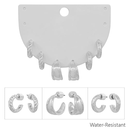 Water resistant Set of 3 Silver Chunky Hoop Earrings
