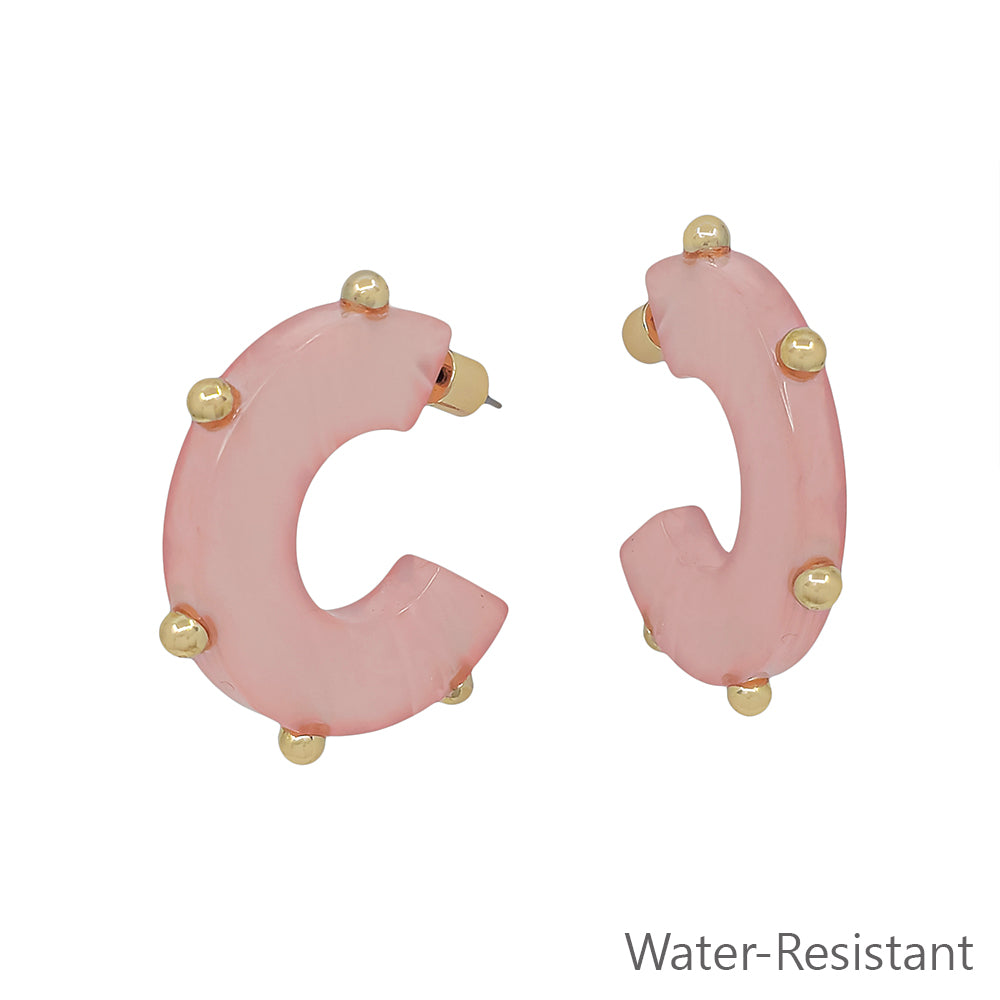 Water resistant Pink Acrylic with Gold Studded Accents 1.25" Hoop Earring