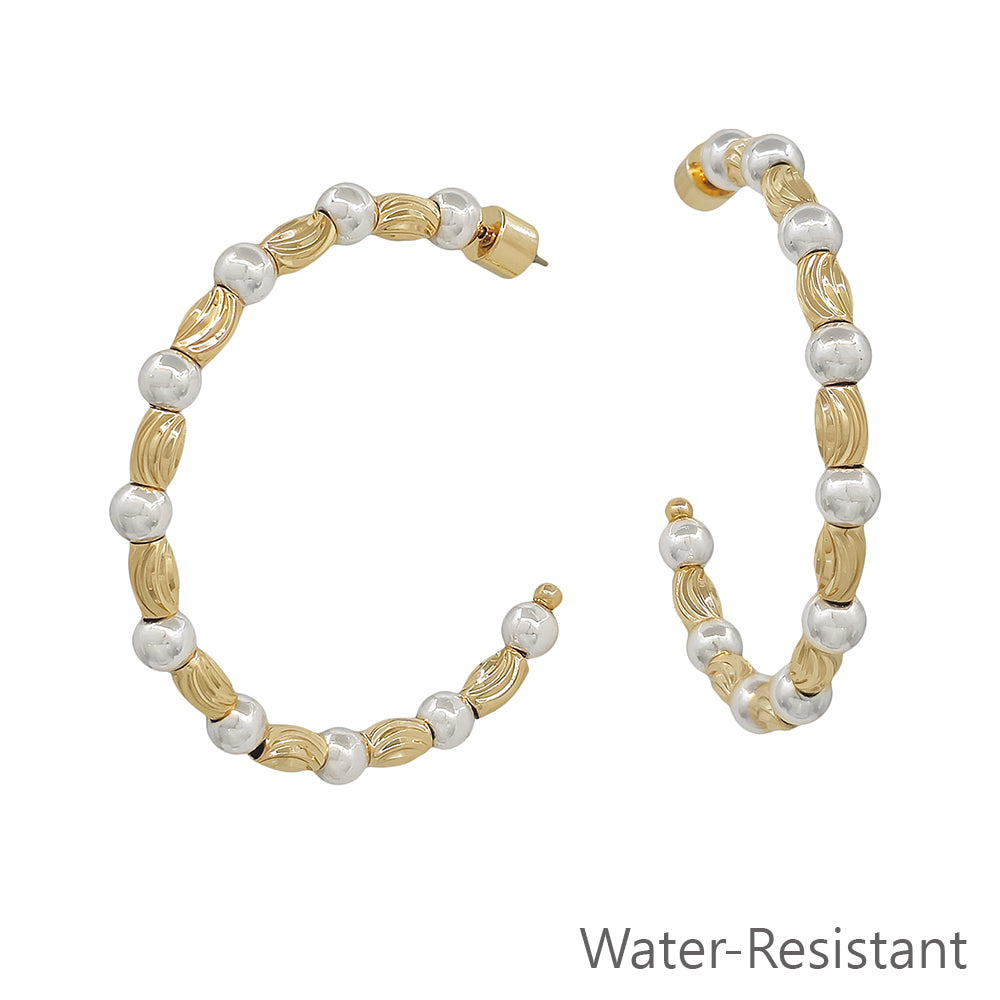 Water resistant Gold and Silver Textured Oval and Beaded 2" Hoop Earring