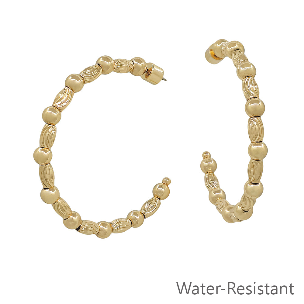 Water resistant Gold Textured Oval and Beaded 2" Hoop Earring