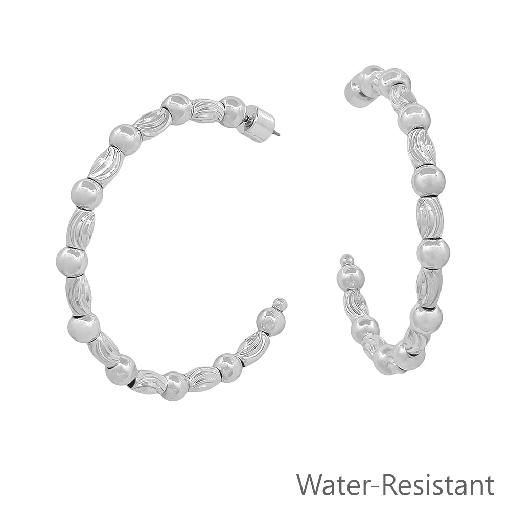 Water resistant Silver Textured Oval and Beaded 2" Hoop Earring