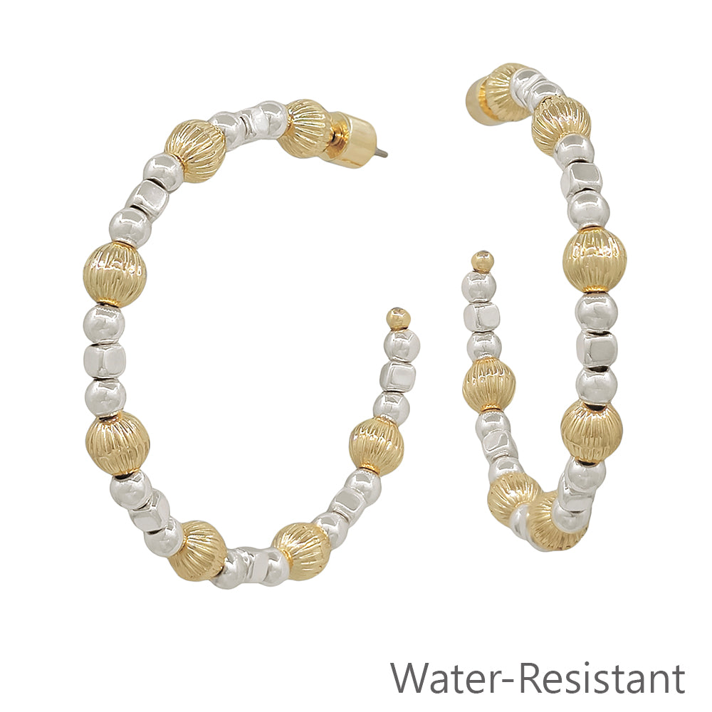 Water Resistant Graduated Gold and Silver Bead 2" Hoop Earring
