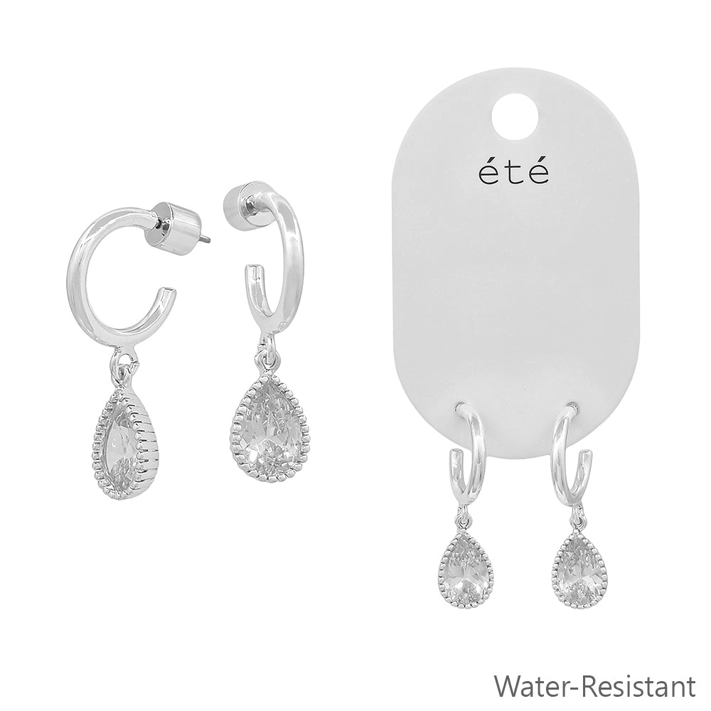 Water resistant Silver Huggie Hoop with Teardrop Rhinestone .75" Earring
