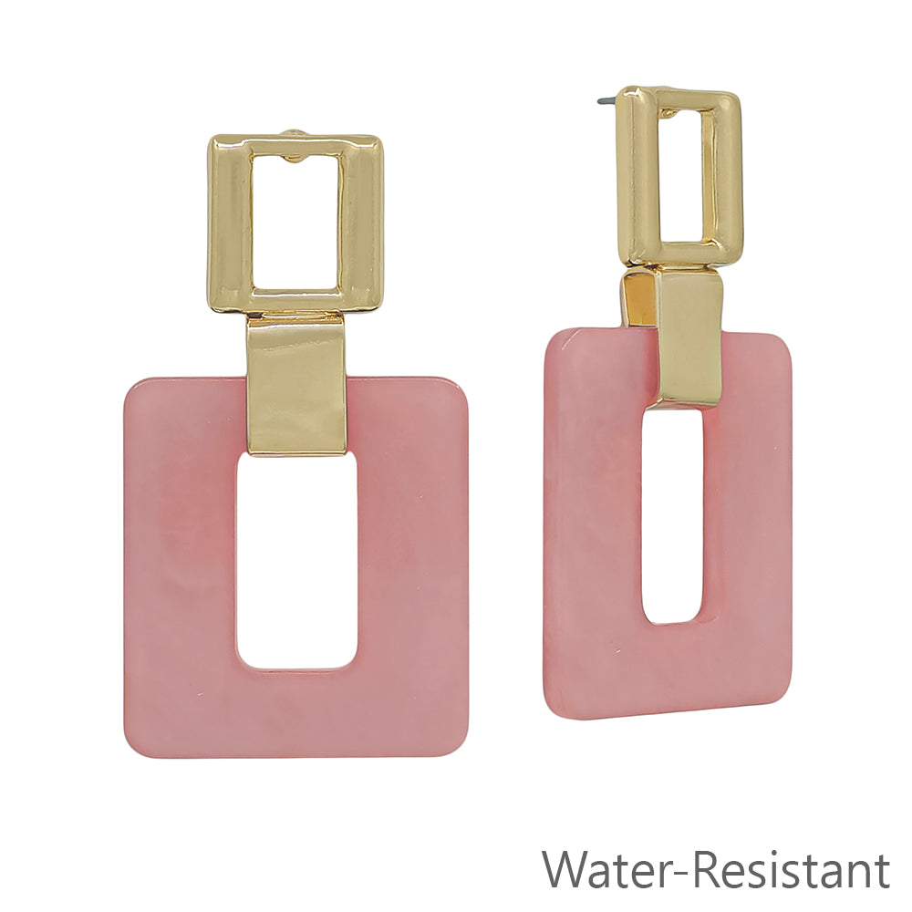Water resistant Gold with Matte Pink Open Square 2" Earring