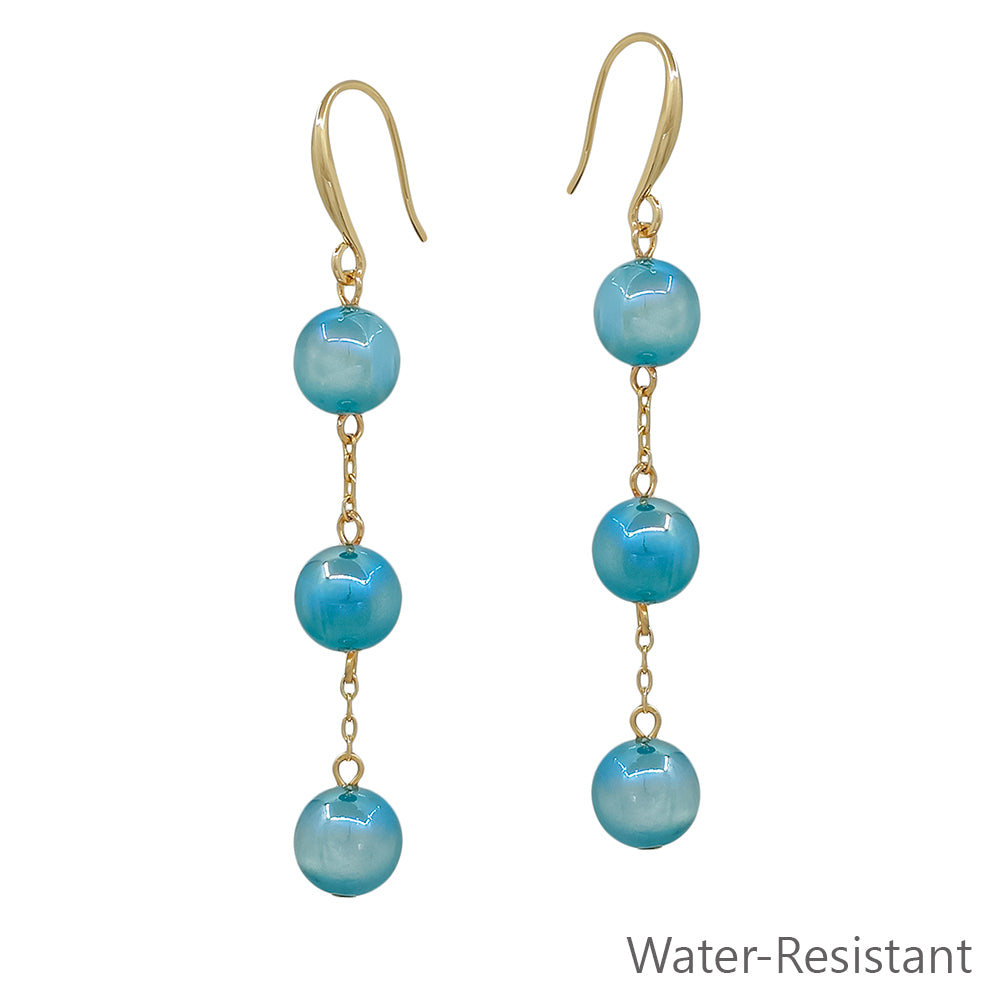 Water Resistant Triple Drop Blue Candy Beaded and Gold 1.75" Earring