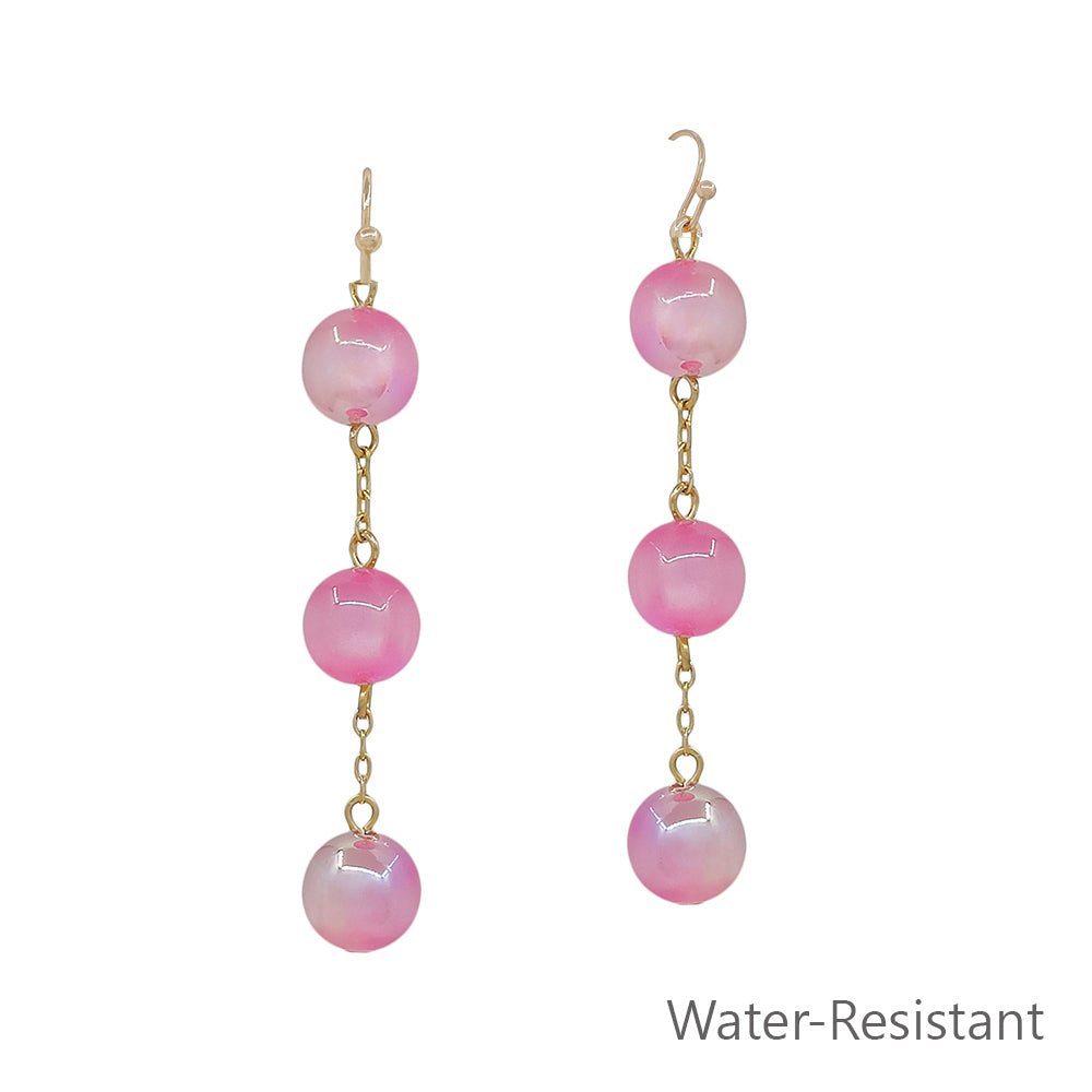 Water Resistant Triple Drop Pink Candy Beaded and Gold 1.75" Earring