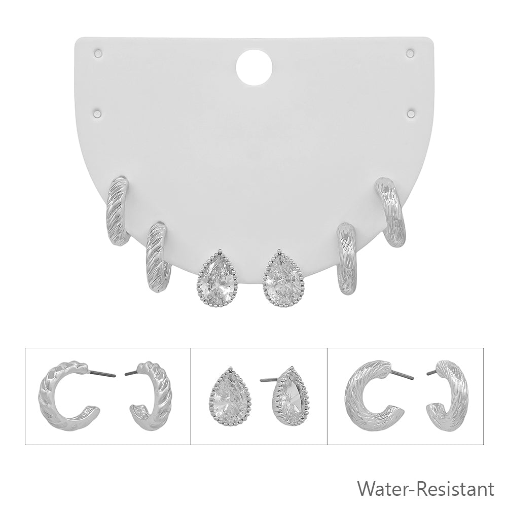 Water resistant Set of 3 Silver Crystal Teardrop, and Textured Huggie Hoops