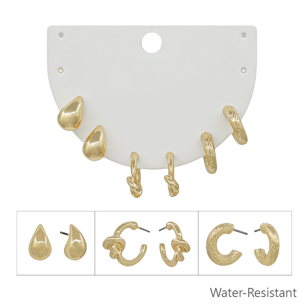 Water resistant Set of Three Gold Huggie Hoops, Teardrop .5" Stud Earrings