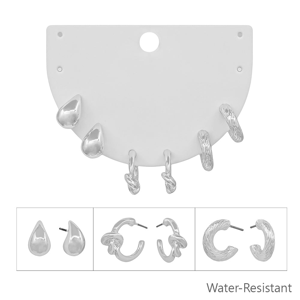 Water resistant Set of Three Silver Huggie Hoops, Teardrop .5" Stud Earrings